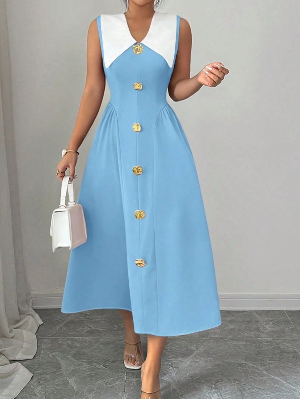 Luxe Solid Button Detail Wide Collar Flared High Waisted Dress - Picture 3 of 11